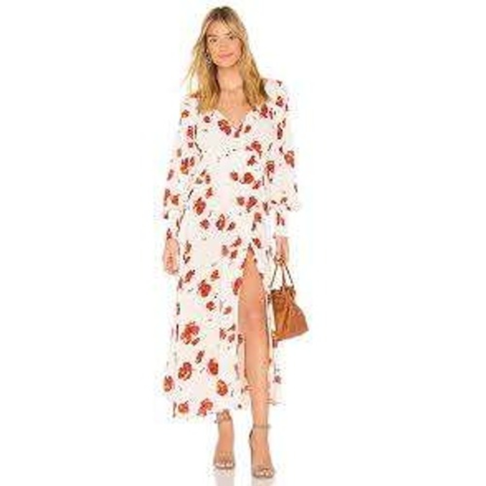 Free People Maxi Dress So Sweetly S Ivory Red Floral Smocked Boho Long Sleeve